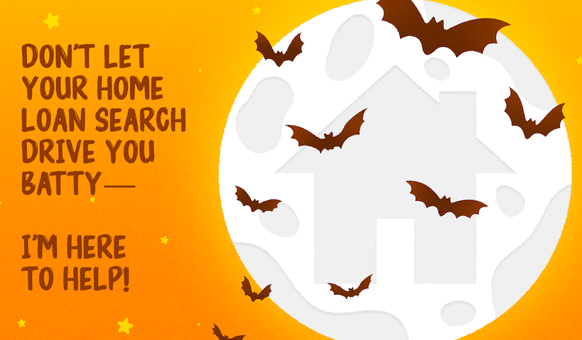 A friendly loan officer breaking spooky Halloween mortgage myths, surrounded by pumpkins, ghosts, and a “Home Sweet Home” sign.